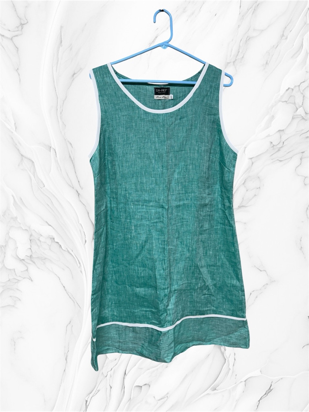 Da-Mo Teal pure Linen Tank dress scoop neck White Trim size XL
